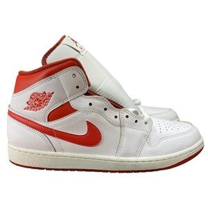 Nike Air Jordan 1 Mid SE men’s sneakers. White/Lobster dune-red sail. Size 11.